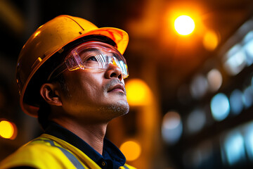 Focused industrial worker wearing safety gear and helmet, looking up in a factory setting with warm lighting in the background.