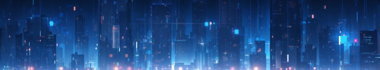 Obraz premium Digital Metropolis: Abstract Technology Overlay on Skyscrapers with Bright Windows Against a Blue Night Background, Embodiment of Urban Digitization.