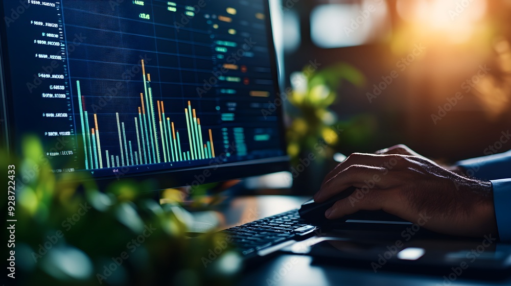 Poster close-up of an seo expert's hands as they analyze and monitor keyword performance on a computer scre