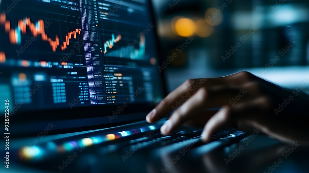 Poster close-up of an seo expert's hands as they analyze and monitor keyword performance on a computer scre