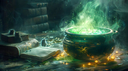  A witch's cauldron bubbling with potion on Halloween night, surrounded by spell books and black cats 