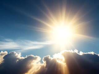 Sunshine with Radiant Rays and Clouds in a Clear Blue Sky