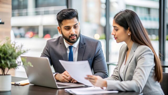 An Indian insurance consultant reviewing and discussing financial planning documents.
