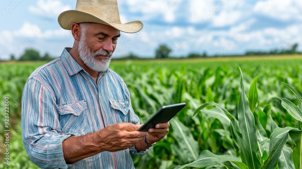 Aufkleber a man in a straw hat is looking at a tablet while standing in a field of corn. he is checking someth