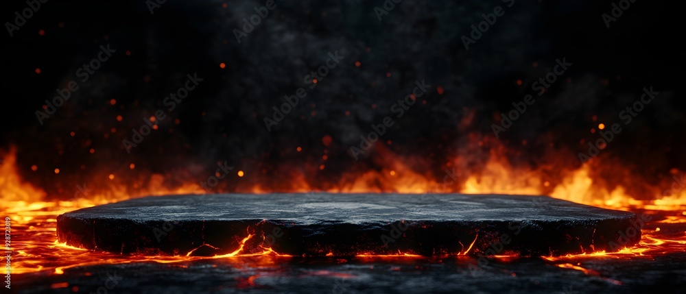 Poster minimalistic black stone platform with a molten lava backdrop, emphasizing the bold and dramatic set