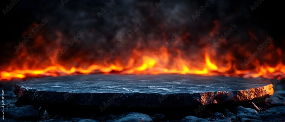 Poster minimalistic black stone platform with a molten lava backdrop, emphasizing the bold and dramatic set