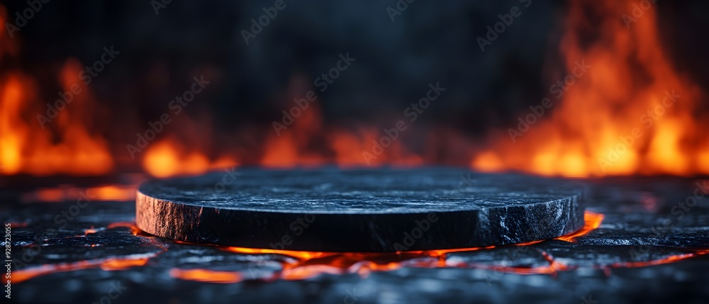 Poster minimalistic black stone platform with a molten lava backdrop, emphasizing the bold and dramatic set