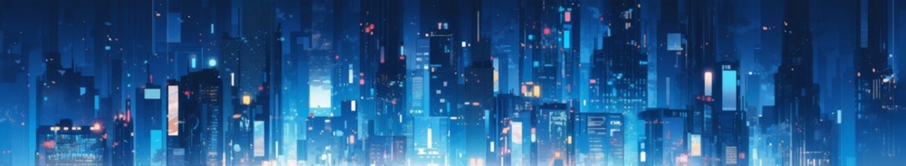 Digital Metropolis: Abstract Technology Overlay on Skyscrapers with Bright Windows Against a Blue Night Background, Embodiment of Urban Digitization.