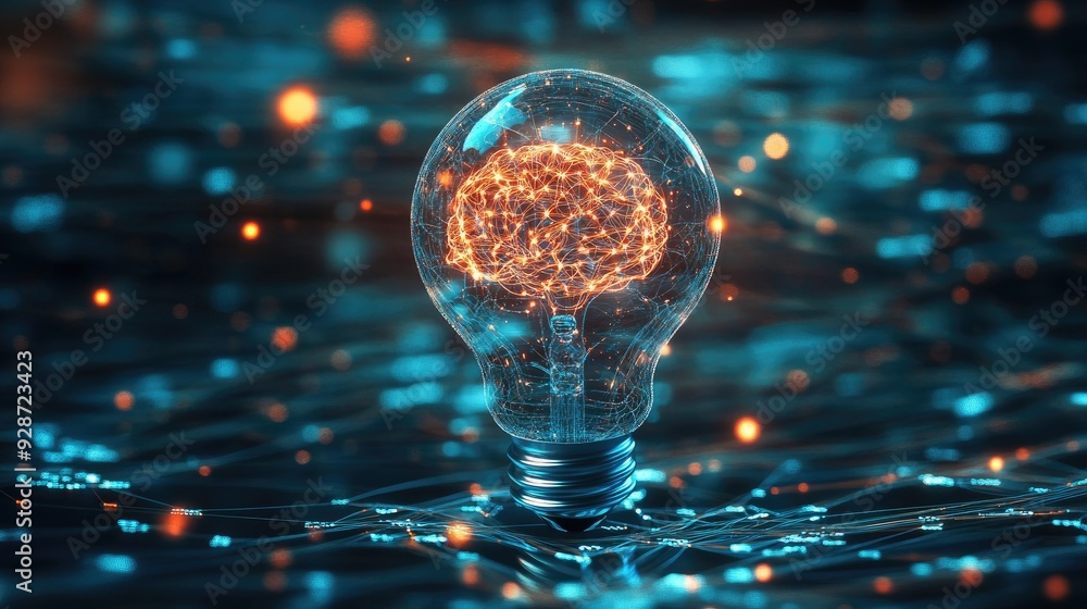 Poster brain data in light bulb: a glowing brain inside a light bulb surrounded by digital data, representi