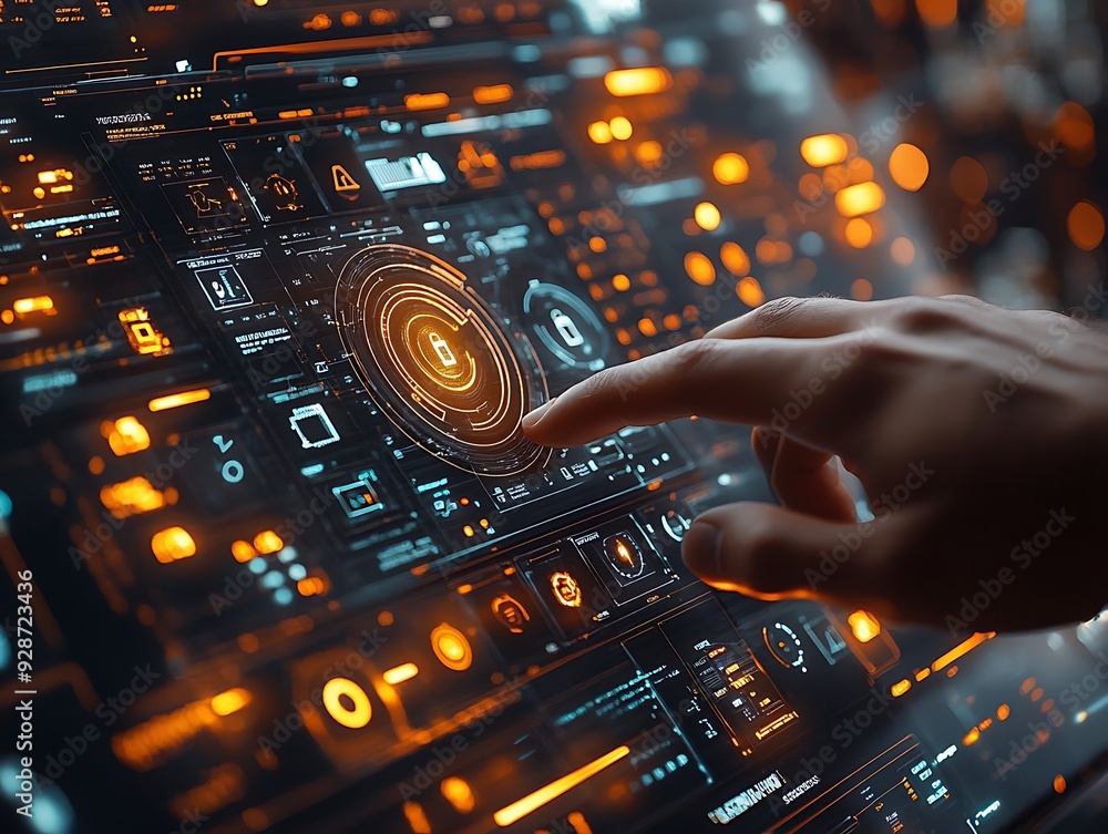 Poster illustration of a mans hand navigating a hightech cybersecurity screen