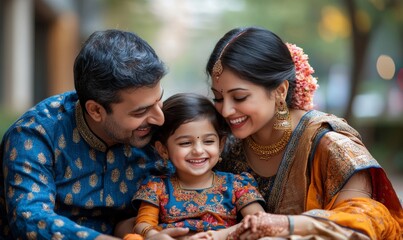 Happy indian family having fun outdoor - Hindu parents laughing with their children at city park - Love concept - Main focus on mother and daughter, Generative AI