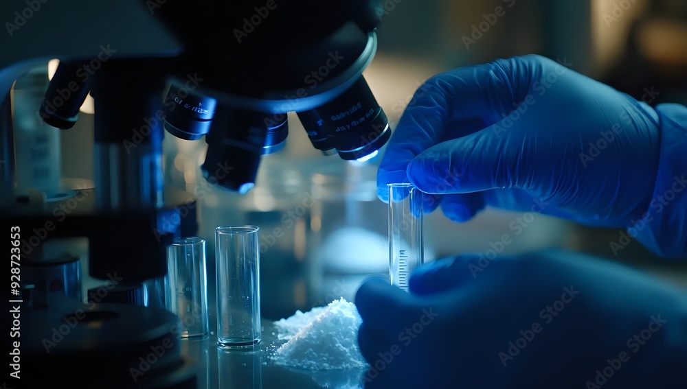 Poster scientist examining a test tube under a microscope in a laboratory
