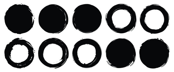 Set of black grunge circles shapes. Grunge round shape.  Paintbrush stamp collection. Vector grunge circle. Grunge banner.