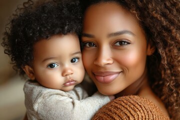 Close up of happy young african American mother hug cuddle little infant or toddler, loving smiling biracial mom embrace small baby child, enjoy tender family moment, motherhood, Generative AI