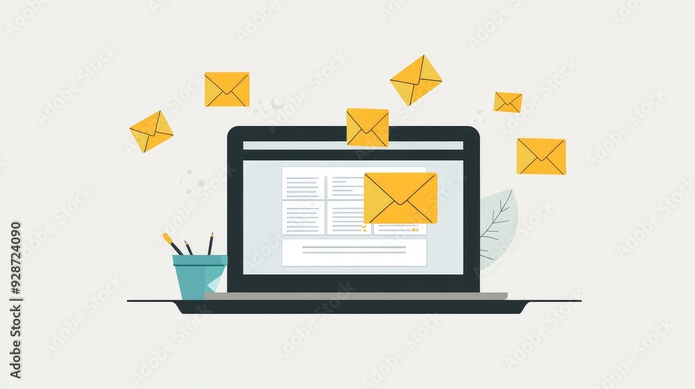 Poster clean and simple email list interface on a laptop screen with geometric envelopes, ideal for illustr