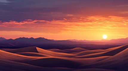 A panoramic view of the Tatooine desert landscape at twilight, featuring expansive, rolling dunes under a sky ablaze with deep oranges, violets, and indigos.