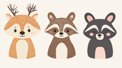 Obraz premium Charming animal icons including a bear, raccoon, and deer, each portrayed with cute, friendly expressions in a cohesive set.