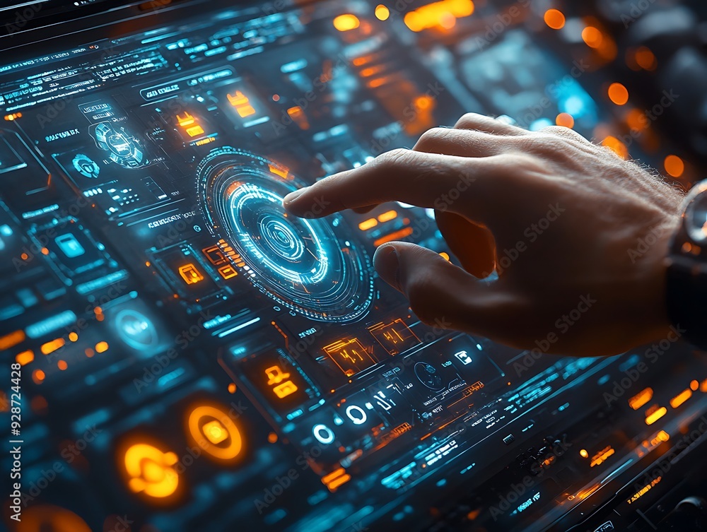 Poster illustration of a mans hand navigating a hightech cybersecurity screen