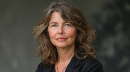Naklejka premium A close-up portrait of a middle-aged woman with wavy brown hair, wearing a black blazer, looking directly at the camera with a confident expression
