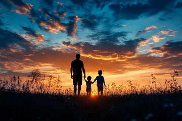 Fototapeta premium Silhouette family mother, father and young son holding hands, ta, Generative AI