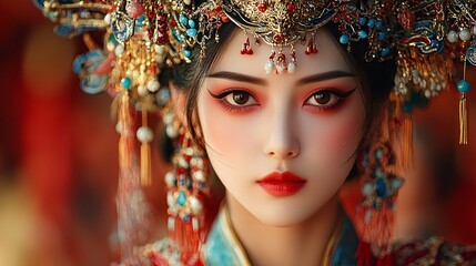 A close-up of a traditional Cantonese opera performance, with actors in elaborate costumes and makeup performing on stage.