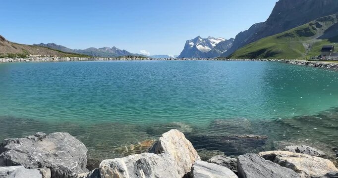 Fallboden Lake shoreline, near Kleine Scheidegg to Eigergletscher trail in Switzerland
