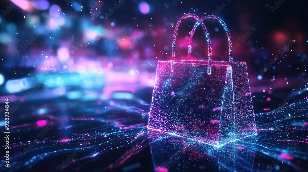Poster data-driven shopping: a digital landscape where streams of data flow into a virtual shopping bag, sy