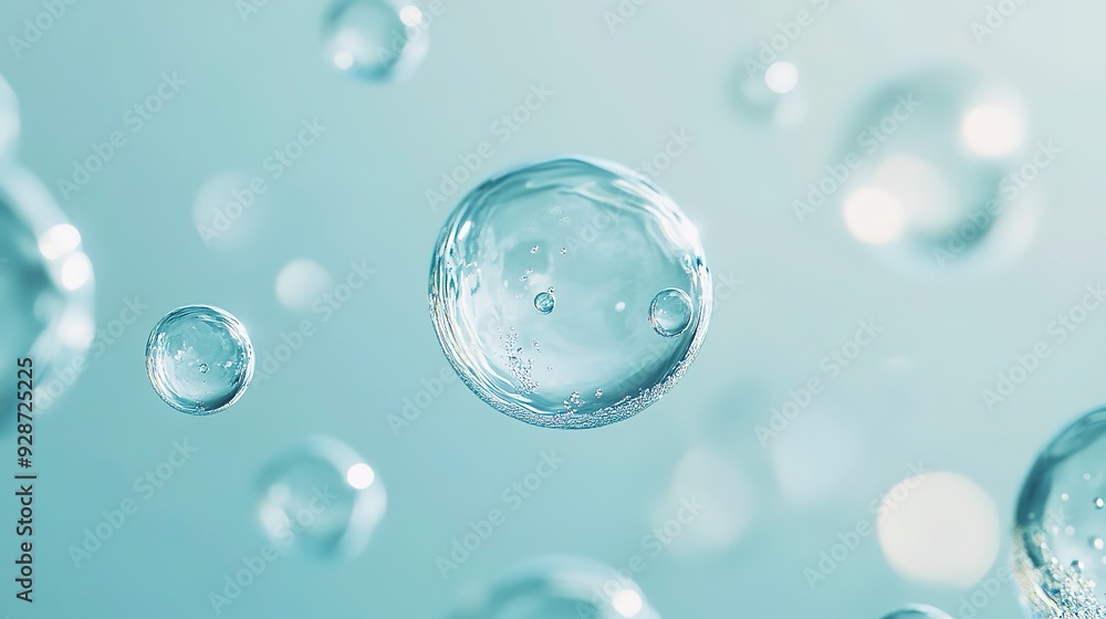 Poster Flowing water bubbles,Water molecule,bubbles, light blue gradient,minimalism