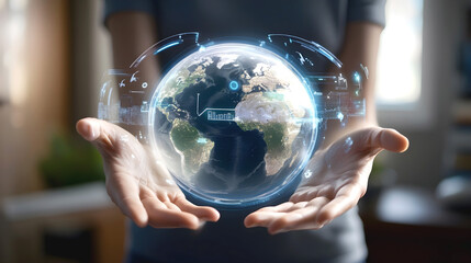 Digital holographic Earth floating between hands, representing global technology, innovation, and futuristic concepts
