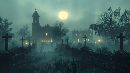  A graveyard on Halloween with ghostly apparitions and eerie mist rising from the ground 