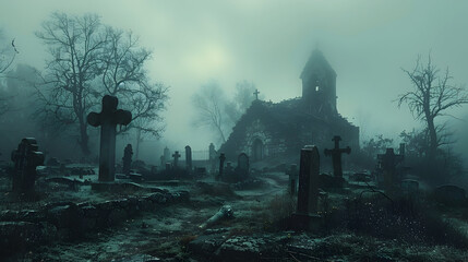  A graveyard on Halloween with ghostly apparitions and eerie mist rising from the ground 