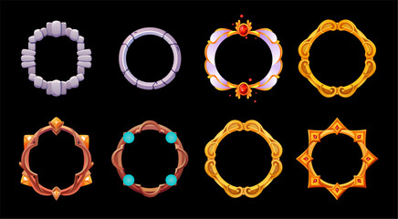 Metallic frame avatar set. Gold, silver, bronze, purple style for fantasy ui. Rounded circle ring classic style. Frame for rpg and fantasy games. Bones and stones.