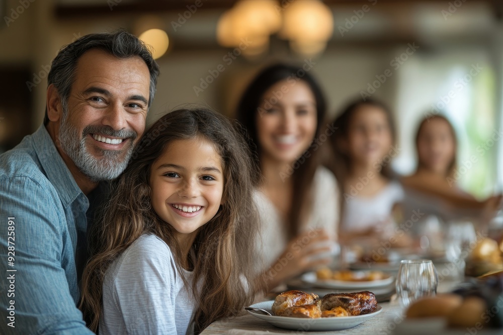 Wall mural happy extended family having fun during family lunch in dining room, generative ai