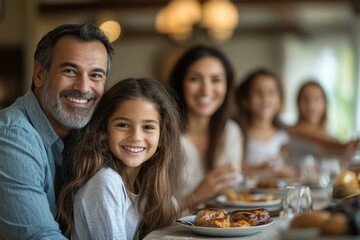Happy extended family having fun during family lunch in dining room, Generative AI