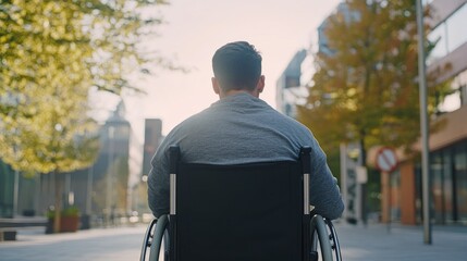 Disability inclusion: Back view of a man in a wheelchair, focusing on mobility and accessibility in an inclusive environment, with space for copy.