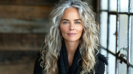 Fototapeta premium A thoughtful, confident woman with long curly gray hair gazes directly at the camera in a well-lit, rustic indoor setting with a wooden wall and window