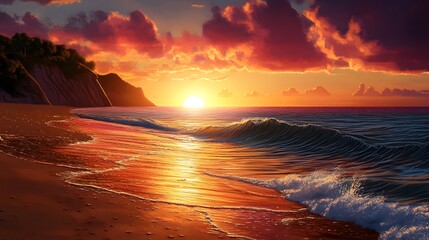A photorealistic picture of a Caribbean beach sunset, showcasing vibrant colors and a dramatic sky.