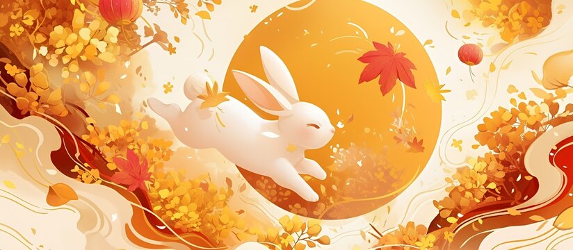 A white rabbit jumps in front of a large, yellow circle surrounded by yellow and red flowers.