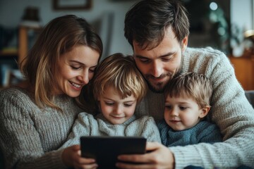 Happy young family having fun time at home. Parents with children using tablet, Generative AI