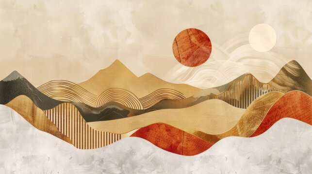 Abstract mountains and golden lines vector background. Oriental minimalist watercolor painting. Landscape, sun, hills, cloud texture. Wall art design for home decor, wallpaper and prints.