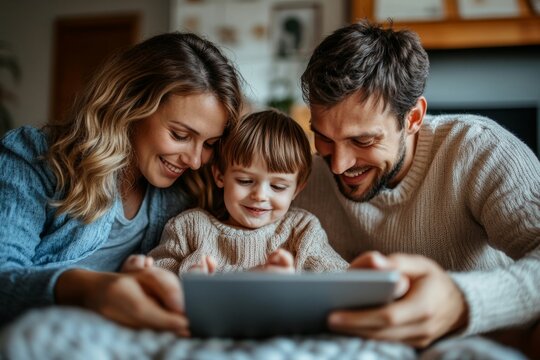 Happy young family having fun time at home. Parents with children using tablet, Generative AI