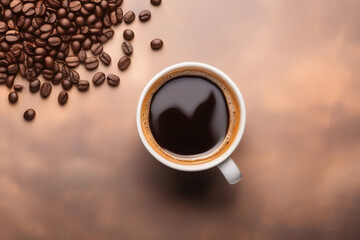 Overhead view of a cup of coffee with coffee beans.