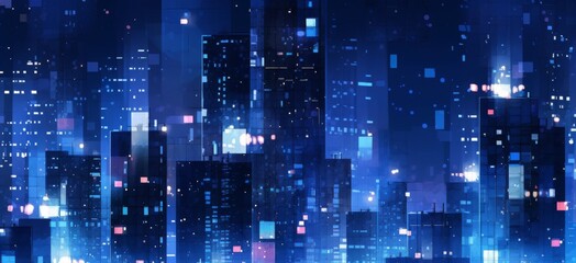 Obraz premium Digital Metropolis: Abstract Technology Overlay on Skyscrapers with Bright Windows Against a Blue Night Background, Embodiment of Urban Digitization.