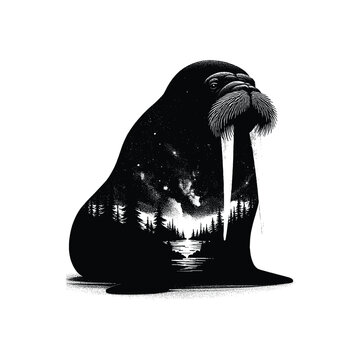 recommend clip art: silhouette of Walrus sitfilled with nature night view in rough drawing,