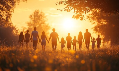 large family in the park. a large group of people holding hands walking silhouette on nature sunset in the park. big family kid dream concept. people in the park. large lifestyle, Generative AI
