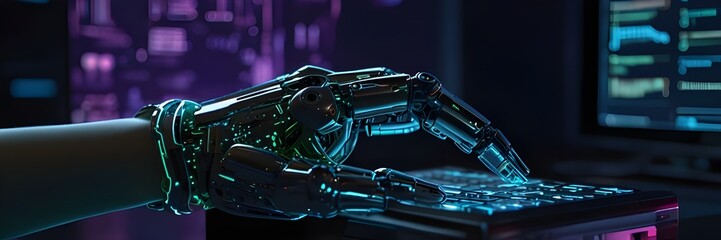 Fototapeta premium The robotic High-Tech Hand working on the futuristic computer 