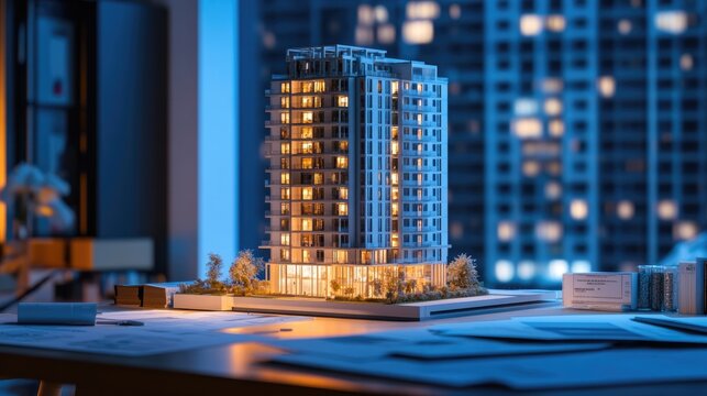 a small model of a modern residential building in a city