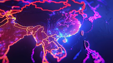 Neon map of Asia glowing