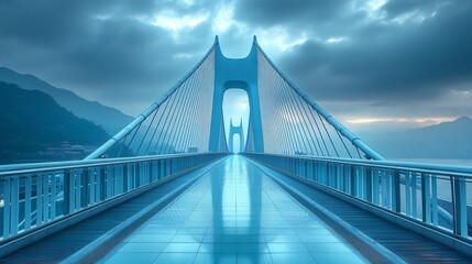 Obraz premium The futuristic architecture of the Hong Kong-Zhuhai-Macau Bridge, stretching across the water under a cloudy sky.