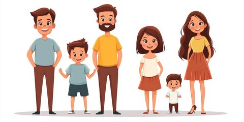 Parents with kids  illustration isolated. Happy family portrait set. Mother and father with daughter and son, Generative AI